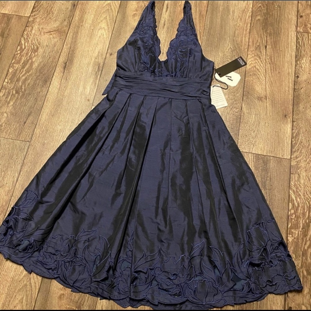 Adrianna Papell Navy Blue Halter Dress | Knee Gown | Semi Formal | Size 8 NWT - Picture 2 of 7